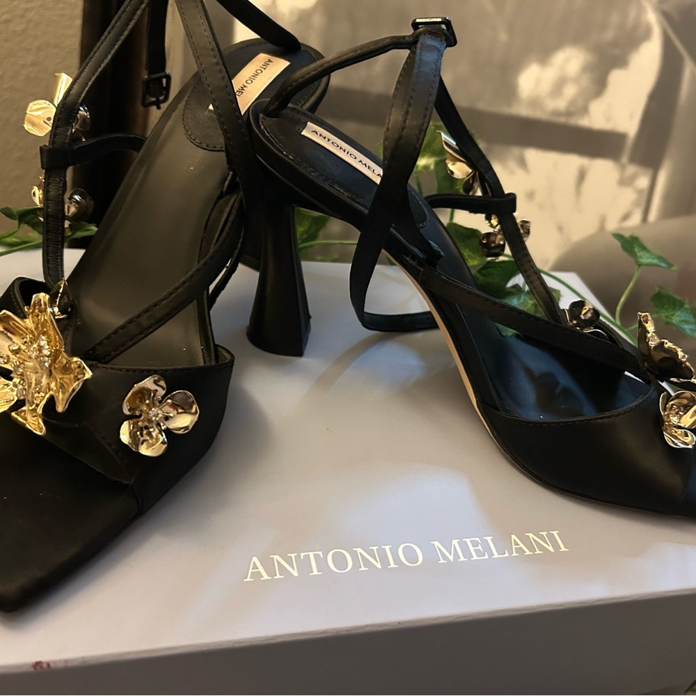 Antonio Melani Black Heels with Gold Floral Accents